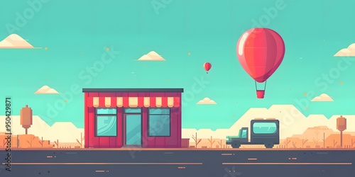 Flat Illustration of Red Building with Hot Air Balloons in the Sky