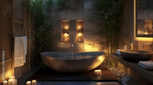 Wallpaper Mural Zen-Inspired Bathroom with a Natural Stone Bathtub, Bamboo Accents, and Soft Ambient Lighting in Late Evening Light Torontodigital.ca