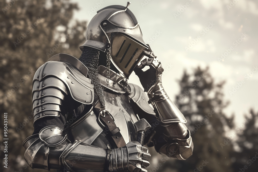 Naklejka premium Medieval Knight in Full Armor Making a Phone Call with Modern in Hand