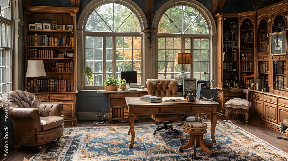 A large room with a desk and a chair, and a large bookcase - generative AI A large room with a desk and a chair, and a large bookcase - generative AI