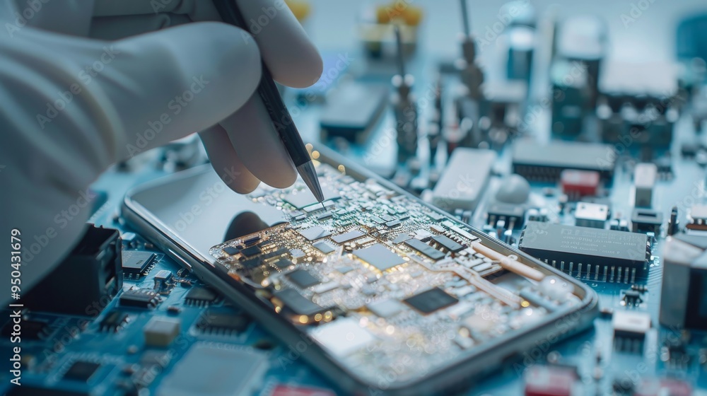 Obraz premium A man is repairing a cell phone