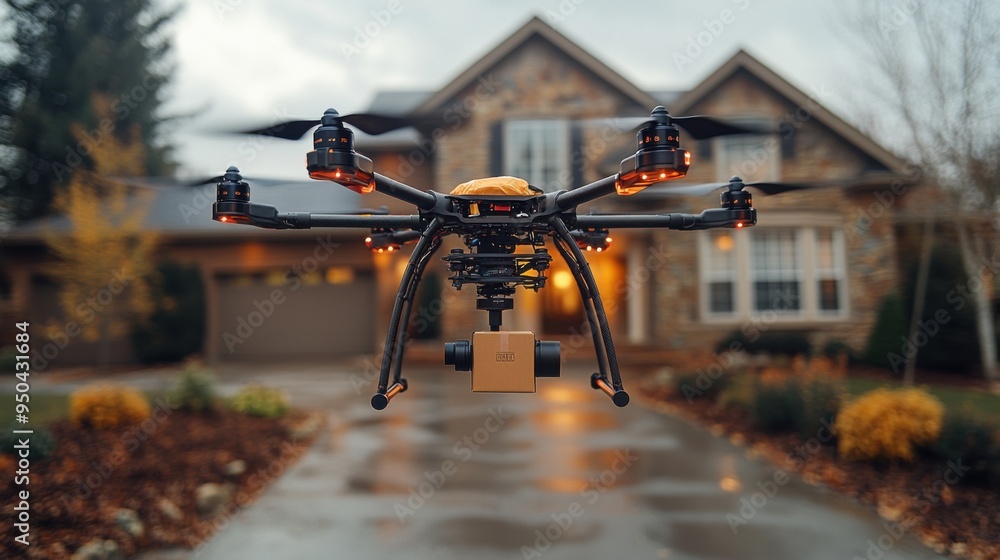 Advanced camera drone flying in front of suburban house during overcast day for real estate photography. Advanced camera drone flying in front of suburban house during overcast day for real estate photography.