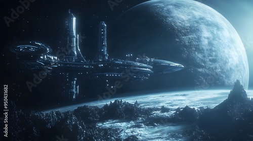 Fototapeta Naklejka Na Ścianę i Meble -  Distant planet with futuristic space station sleek spacecraft docking nearby cool tones metallic finishes highly detailed 3D rendering