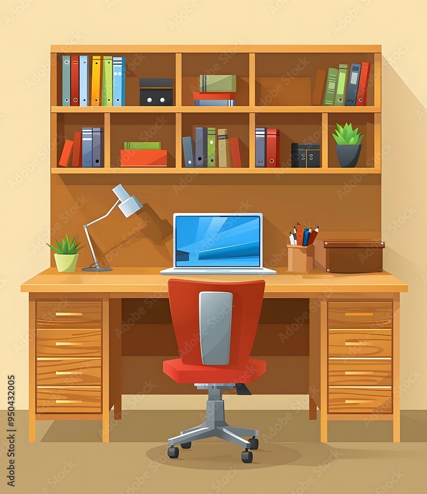 Home Office Desk with Laptop and Bookshelf Home Office Desk with Laptop and Bookshelf