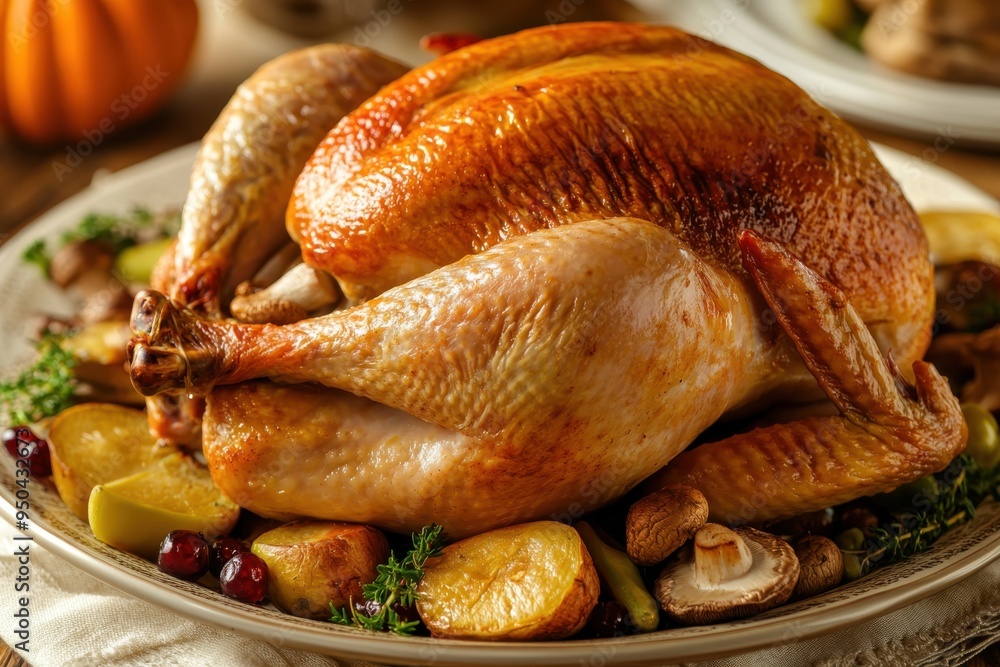Roasted turkey served on a festive table with potatoes, cranberries, and herbs for Thanksgiving dinner celebration in autumn Roasted turkey served on a festive table with potatoes, cranberries, and herbs for Thanksgiving dinner celebration in autumn