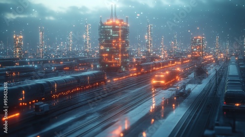 Futuristic snowy cityscape with glowing trains and skyscrapers at twilight. concept of modern urban transit.