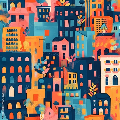 Colorful Illustration of Cityscape with Buildings and Trees