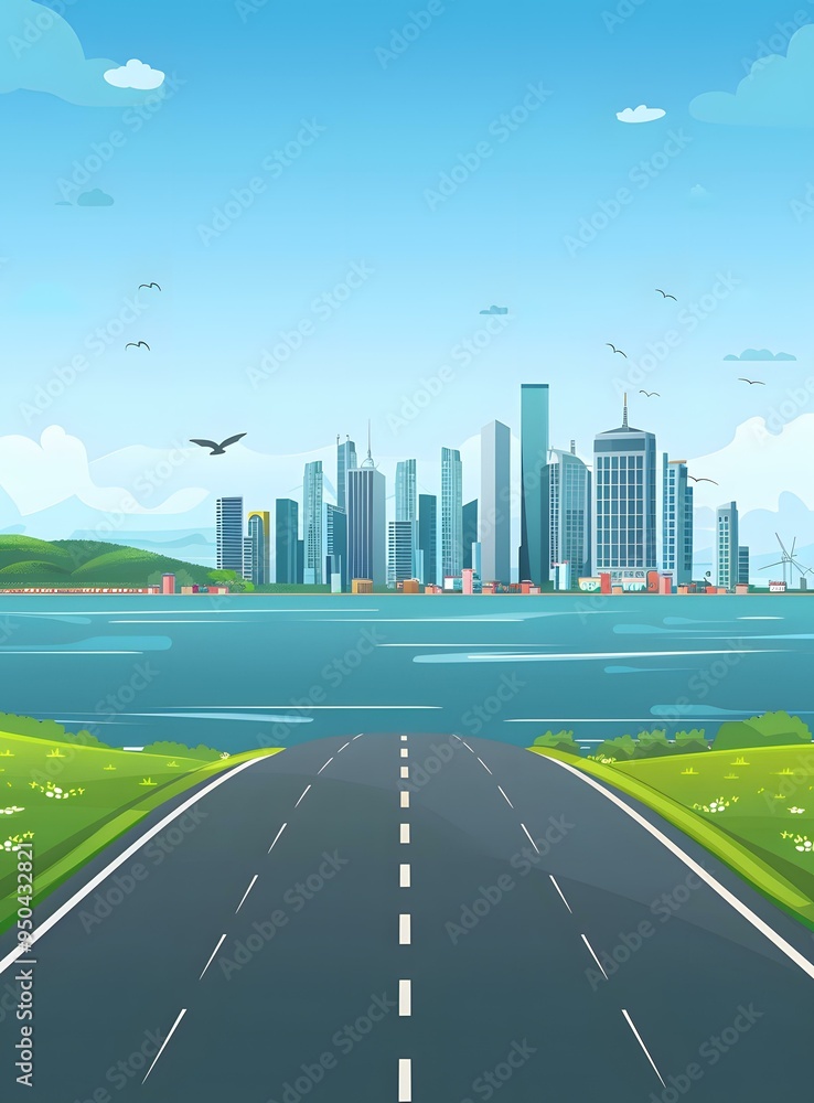 Fototapeta premium Road Leading to City Skyline Illustration