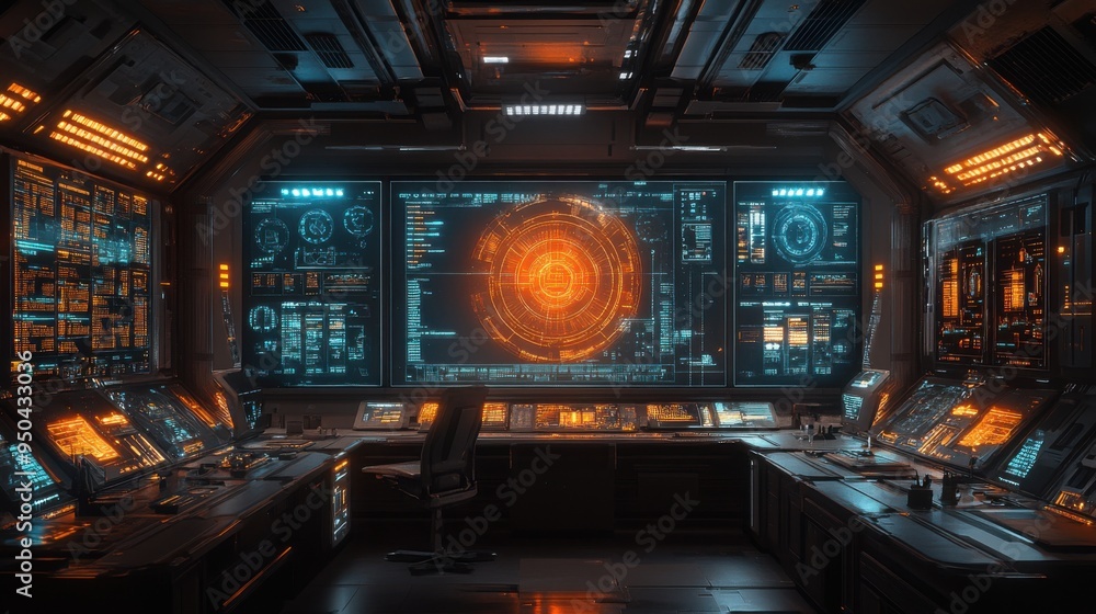 Futuristic control room with glowing digital interface and high-tech displays in a dimly lit environment. Futuristic control room with glowing digital interface and high-tech displays in a dimly lit environment.