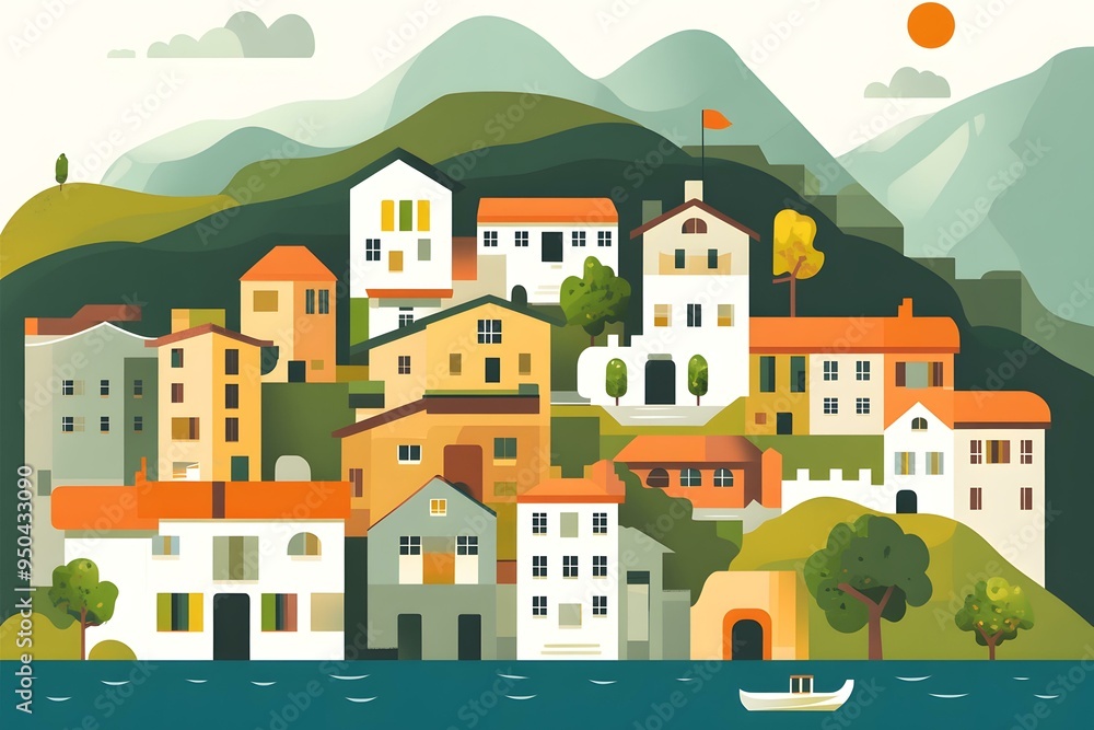Colorful Illustration of a Small Town with Houses and Mountains Colorful Illustration of a Small Town with Houses and Mountains
