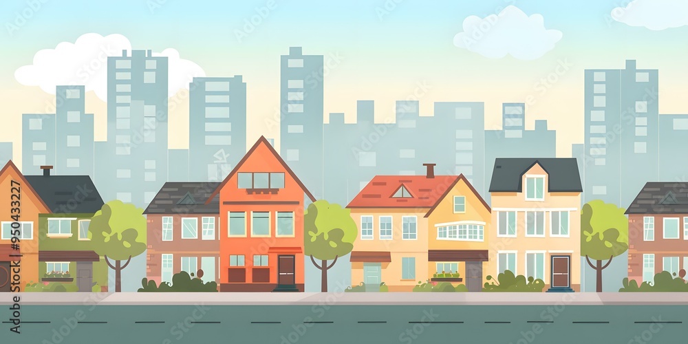 Colorful Suburban Houses with City Skyline in Background Colorful Suburban Houses with City Skyline in Background