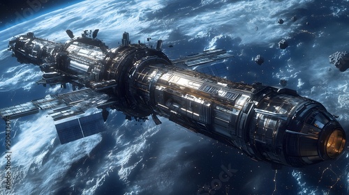 Fototapeta Naklejka Na Ścianę i Meble -  Space station orbiting distant planet sleek spacecraft docking nearby metallic finishes cool tones highly detailed 3D rendering