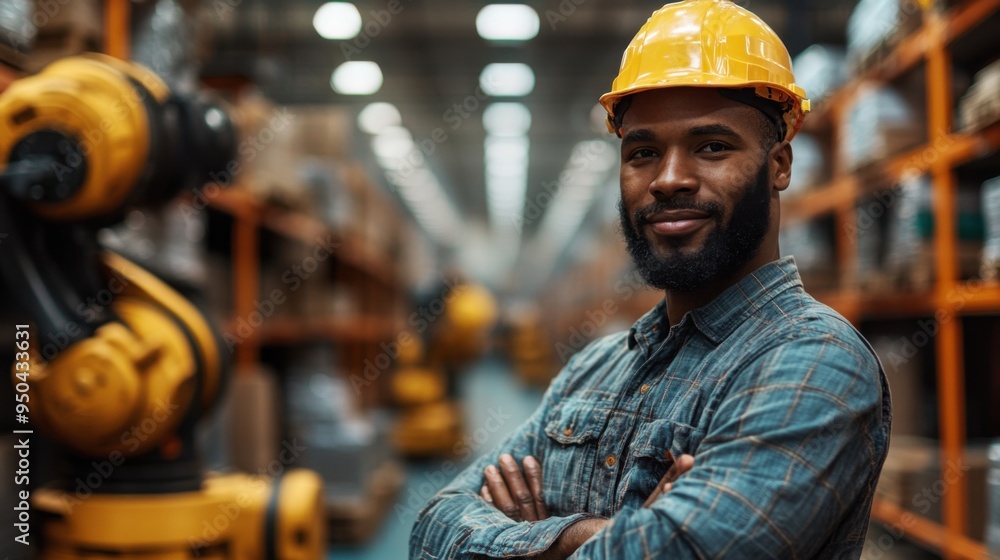 Confident black man in industrial setting with safety helmet, smiling amidst robotics in warehouse. Confident black man in industrial setting with safety helmet, smiling amidst robotics in warehouse.