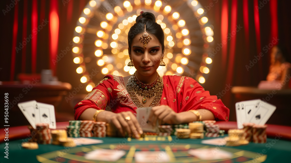 Indian woman presumably a dealer seated at a green poker table