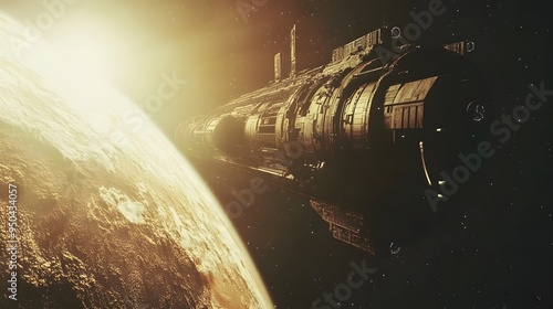 Fototapeta Naklejka Na Ścianę i Meble -  Distant planet with orbiting space station sleek spacecraft docking nearby cool tones metallic finishes highly detailed 3D rendering