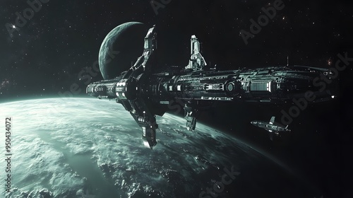 Fototapeta Naklejka Na Ścianę i Meble -  Distant planet with orbiting space station sleek spacecraft docking nearby cool tones metallic finishes highly detailed 3D rendering