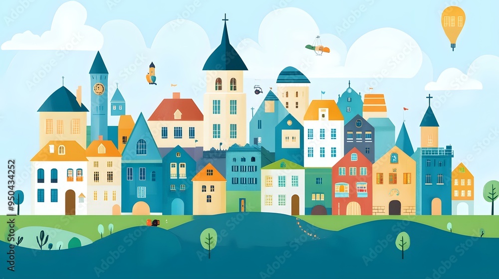 Naklejka premium Colorful Town with Houses and Sky