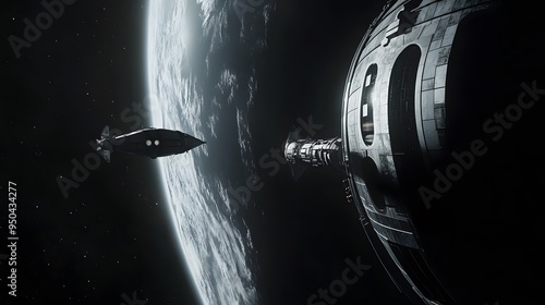 Fototapeta Naklejka Na Ścianę i Meble -  Distant planet with orbiting space station sleek spacecraft docking nearby cool tones metallic finishes highly detailed 3D rendering