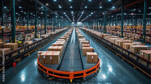 Wallpaper Mural Large industrial warehouse with automated conveyor belts and cardboard boxes awaiting shipment at nighttime. Torontodigital.ca