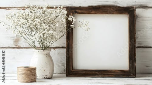Rustic Whitewashed Background with White Flowers a Rustic Frame and a Ball of Twine Minimalist Composition