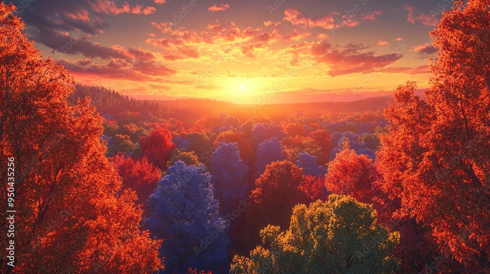 Sunset Over a Vibrant Forest Canopy. AI generated illustration Sunset Over a Vibrant Forest Canopy. AI generated illustration