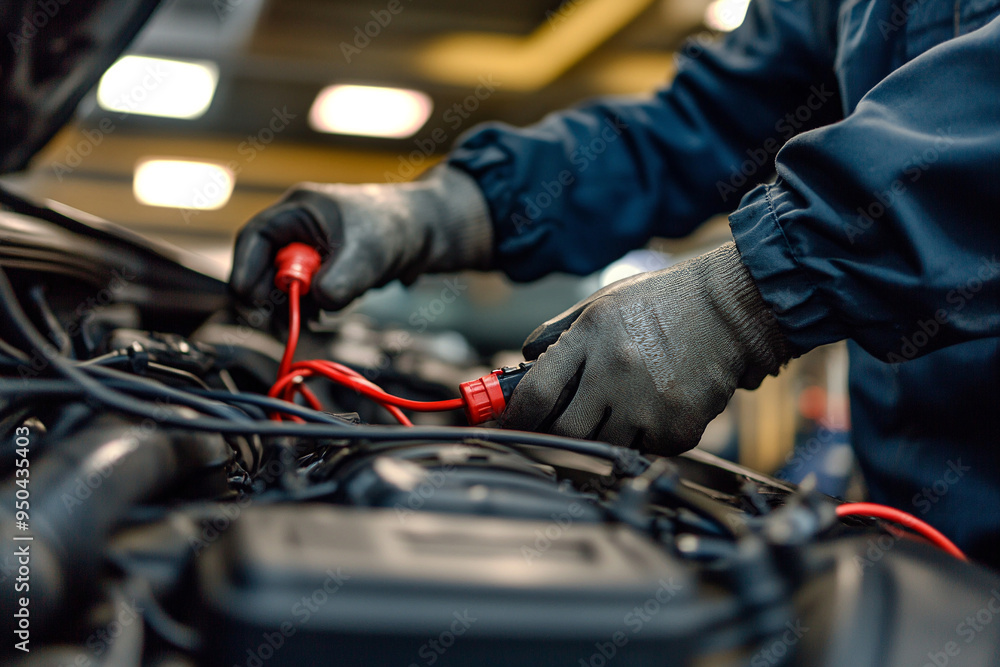 Mechanic working on car engine. Holding wires. Car service. Technical station Mechanic working on car engine. Holding wires. Car service. Technical station