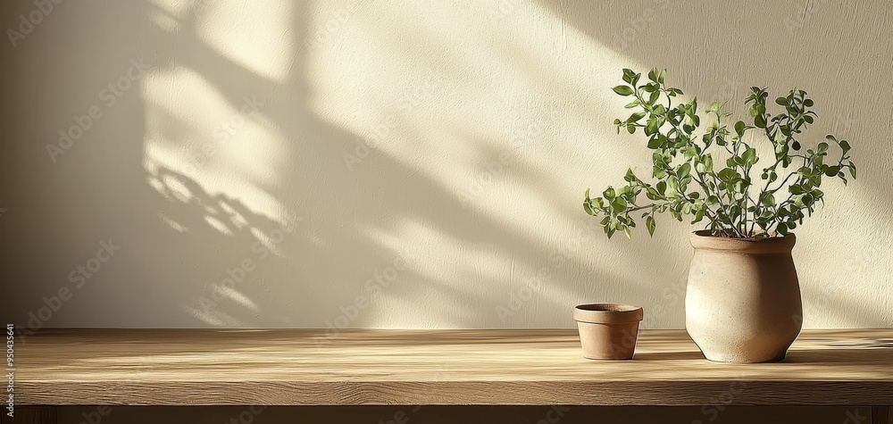 Sunlight Bathes Simple Still Life A potted plant and empty pot on a wooden shelf bathed in soft light against a textured wall Sunlight Bathes Simple Still Life A potted plant and empty pot on a wooden shelf bathed in soft light against a textured wall
