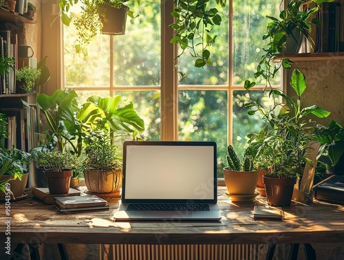 Sunlight Bathes a Wooden Table with a Laptop Books and Lush Greenery by a Window A Bright Inviting Workspace