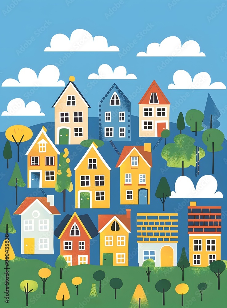 Colorful Houses Illustration with Blue Sky and Green Trees Colorful Houses Illustration with Blue Sky and Green Trees