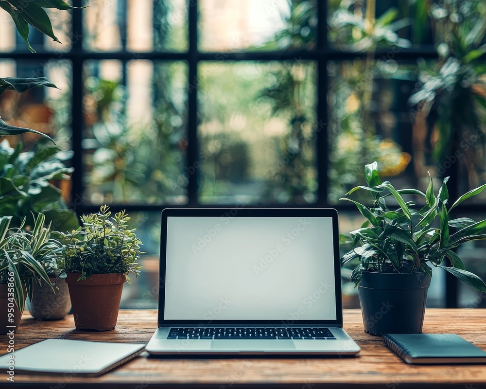 Laptop on Wooden Table with Plants and Blurred Window Minimalist Workspace with Blank Screen Laptop on Wooden Table with Plants and Blurred Window Minimalist Workspace with Blank Screen