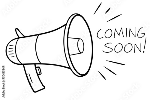 Loudspeaker megaphone line art vector, coming soon typography SVG