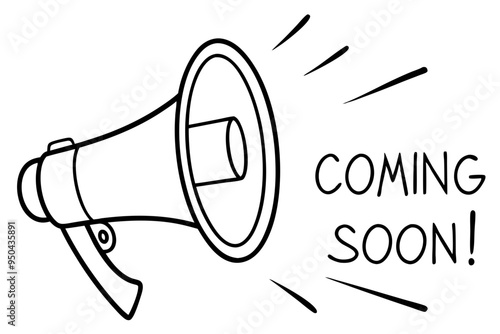 Loudspeaker megaphone line art vector, coming soon typography SVG