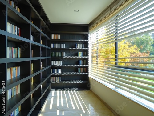 Sunlight streams through blinds casting shadows on a bookfilled room A perspective from the corner reveals a window view of autumn leaves and a bookshelf books sunlight blinds photo