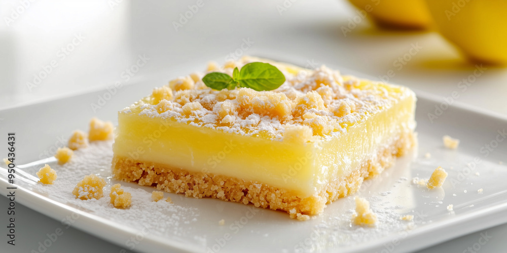a lemon bar with a glaze and crumbles on a white plate, a food photo for a menu a lemon bar with a glaze and crumbles on a white plate, a food photo for a menu