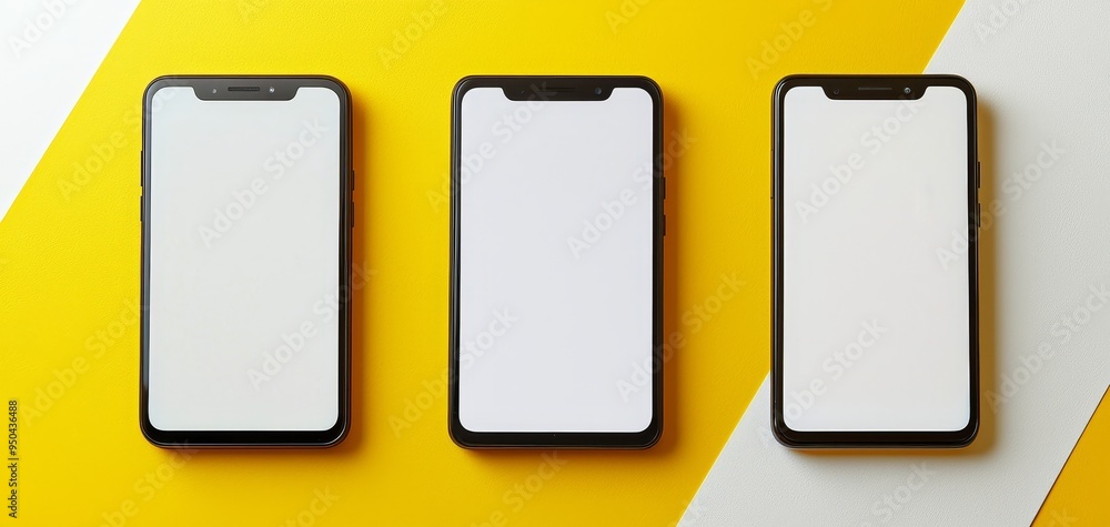 Three Smartphones on Yellow and White Background Topdown Perspective with Blank Screens Modern Minimalist Concept Three Smartphones on Yellow and White Background Topdown Perspective with Blank Screens Modern Minimalist Concept