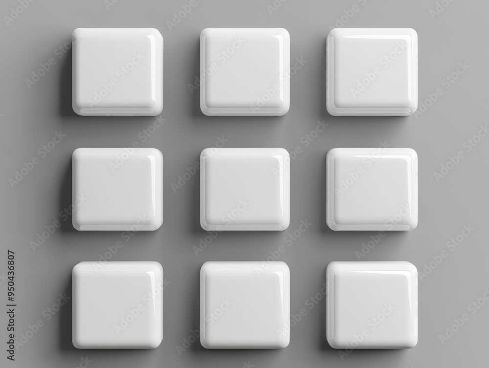 Minimalist Grid of White Buttons A TopDown Perspective of Nine Smooth Rounded Squares on a Gray Background Minimalist Grid of White Buttons A TopDown Perspective of Nine Smooth Rounded Squares on a Gray Background