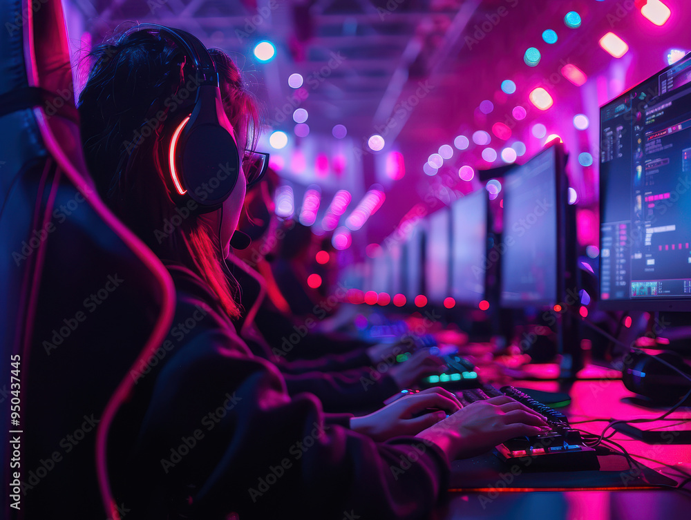 Young woman with headset focuses on the screen while playing a video game on a computer in a room gaming LAN party with pink neon illumination