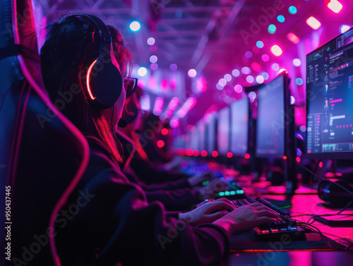 Young woman with headset focuses on the screen while playing a video game on a computer in a room gaming LAN party with pink neon illumination