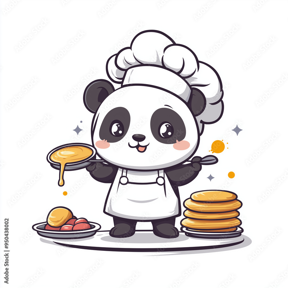 Adorable Kawaii Panda Chef Flipping Pancakes - Perfect for Cute Culinary Designs Adorable Kawaii Panda Chef Flipping Pancakes - Perfect for Cute Culinary Designs
