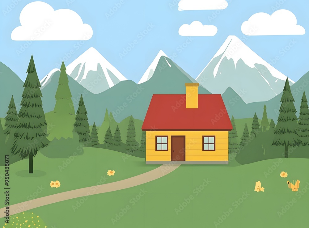 Yellow House in Mountain Landscape Illustration Yellow House in Mountain Landscape Illustration
