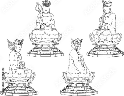 Vector sketch illustration of a sacred buddha statue decoration design meditating on a lotus flower 