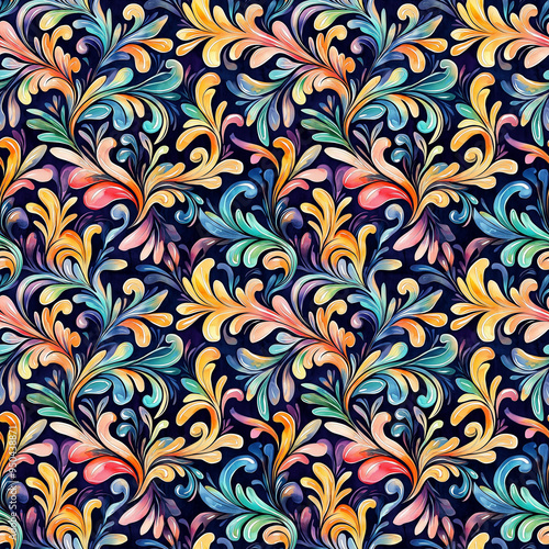 Intricate swirling floral pattern with vibrant fantasy teal, yellow, orange, and pink leaves on dark blue background seamless pattern tile