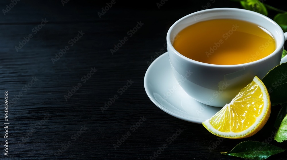Cup of green tea with a lemon wedge on the side, rich in antioxidants, brain-stimulating beverage Cup of green tea with a lemon wedge on the side, rich in antioxidants, brain-stimulating beverage