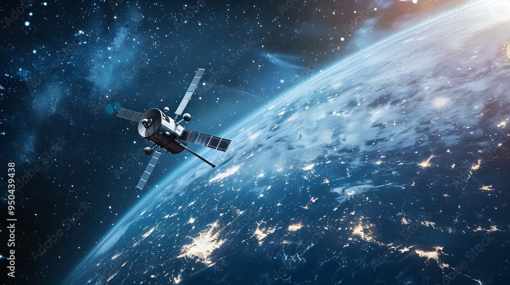 Satellite Orbiting Earth: A satellite orbiting Earth, with the planet and stars in the background.
Satellite Orbiting Earth: A satellite orbiting Earth, with the planet and stars in the background.