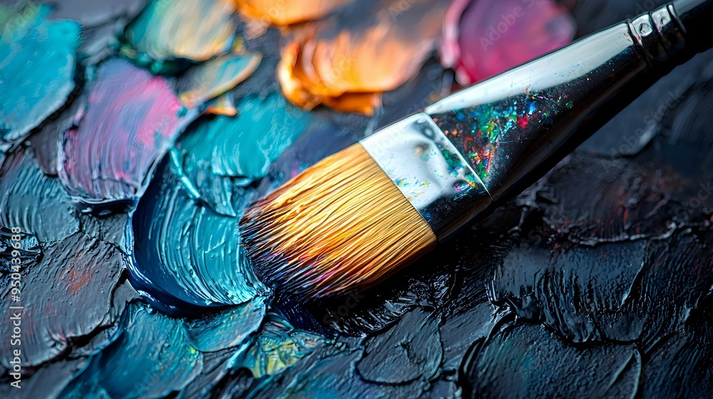 Close Up of Paintbrush and Palette with Blue Yellow and Orange Paints Close Up of Paintbrush and Palette with Blue Yellow and Orange Paints