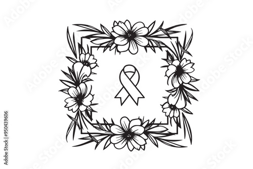 Black line vector ribbon with flower frame. Beautiful floral illustration design on white background