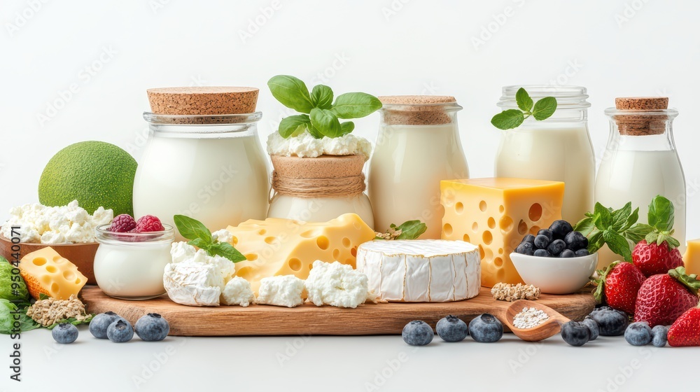 A vibrant display of dairy products including milk, yogurt, and cheese, complemented by fresh fruits and herbs for a healthy feast. A vibrant display of dairy products including milk, yogurt, and cheese, complemented by fresh fruits and herbs for a healthy feast.
