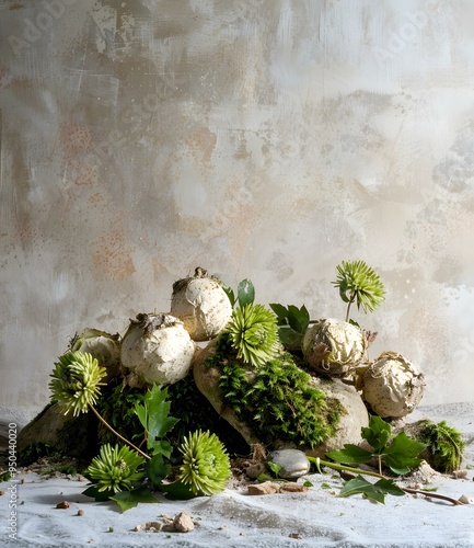 White Balls Moss and Green Flower Still Life photo