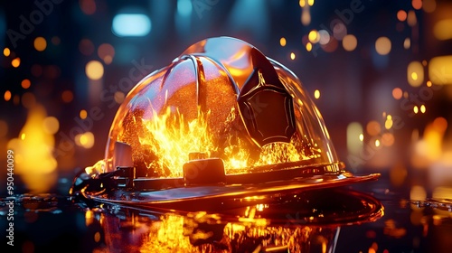 Burning Safety Helmet with Fire and Bokeh Lights photo