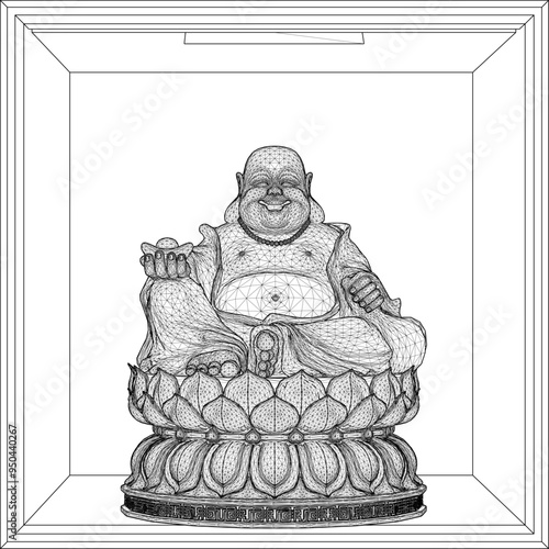 Vector sketch illustration of a smiling buddha ornament design full of wisdom sitting on a lotus flower 